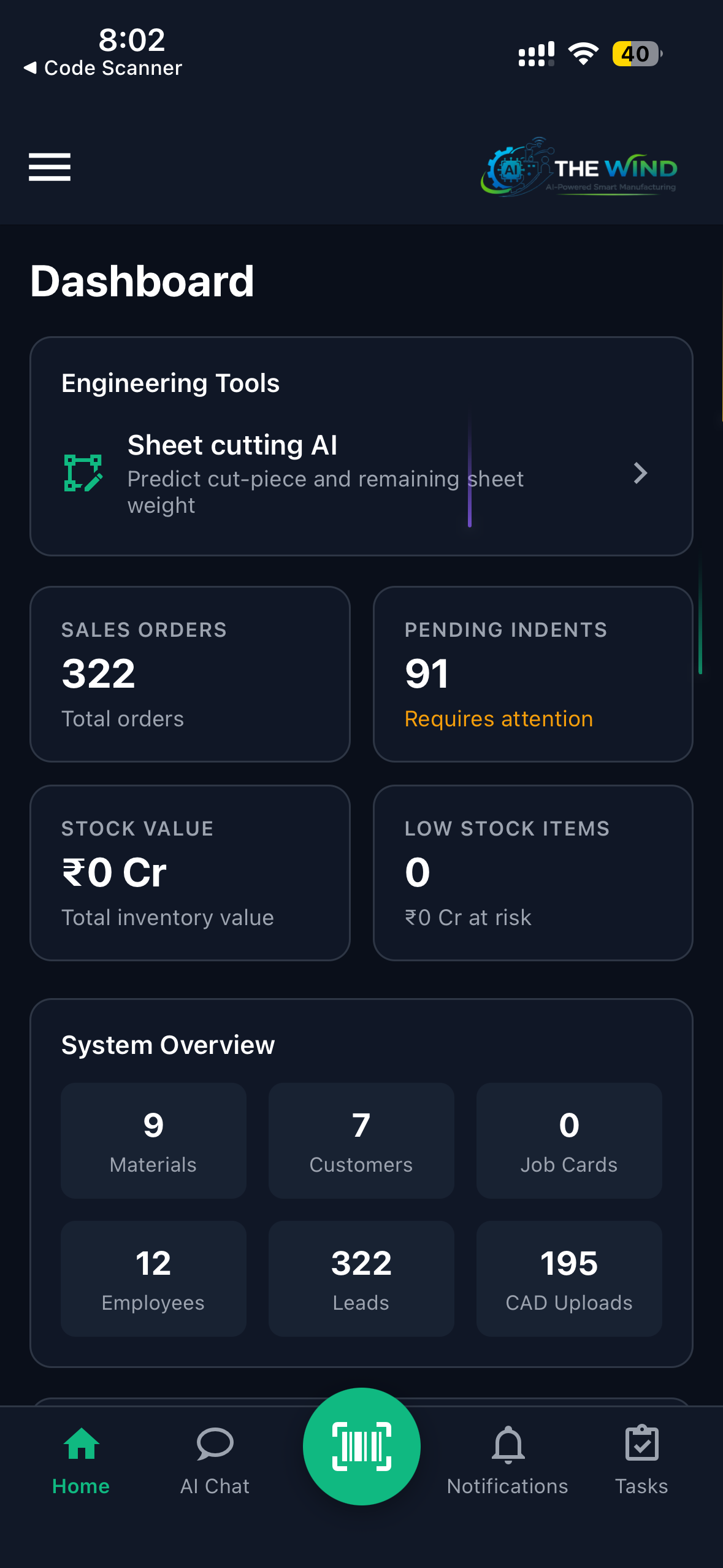 Mobile app dashboard screen