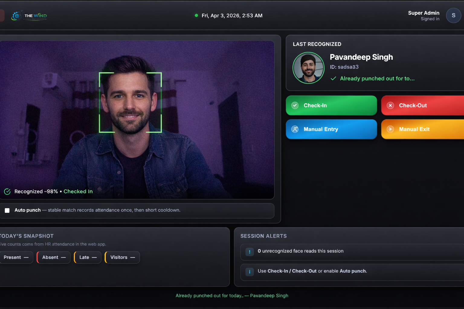THE WIND Gate desktop app: live face recognition, check-in and check-out, last recognized employee, and attendance dashboard